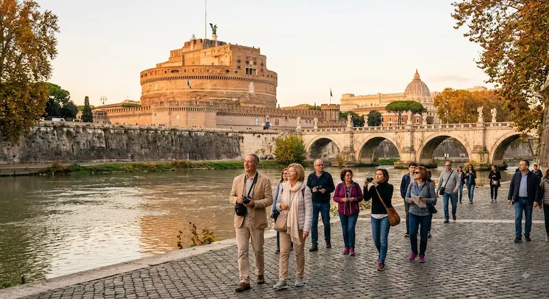 Visita guidata a Roma a ottobre: turisti passeggiano lungo il Tevere nella luce autunnale